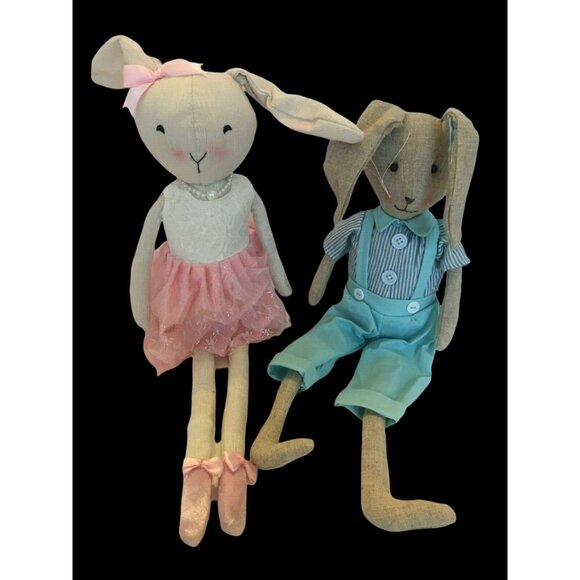 Farmhouse Easter Bunny Shelf Sitters Linen Rabbit Couple Spring Mantel Decor - Picture 2 of 11